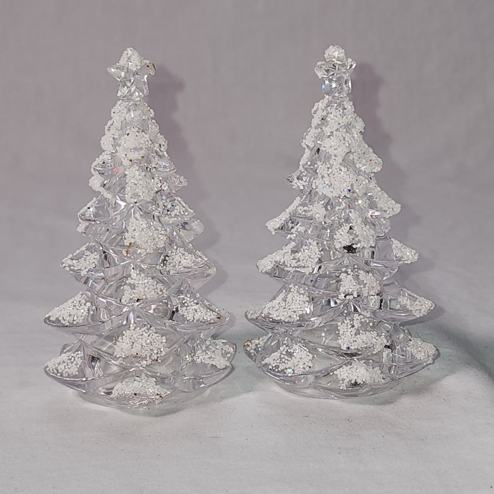 Lot of 2 Clear Tree Christmas Ornaments Glittery Snow Covered VTG Hollow Star